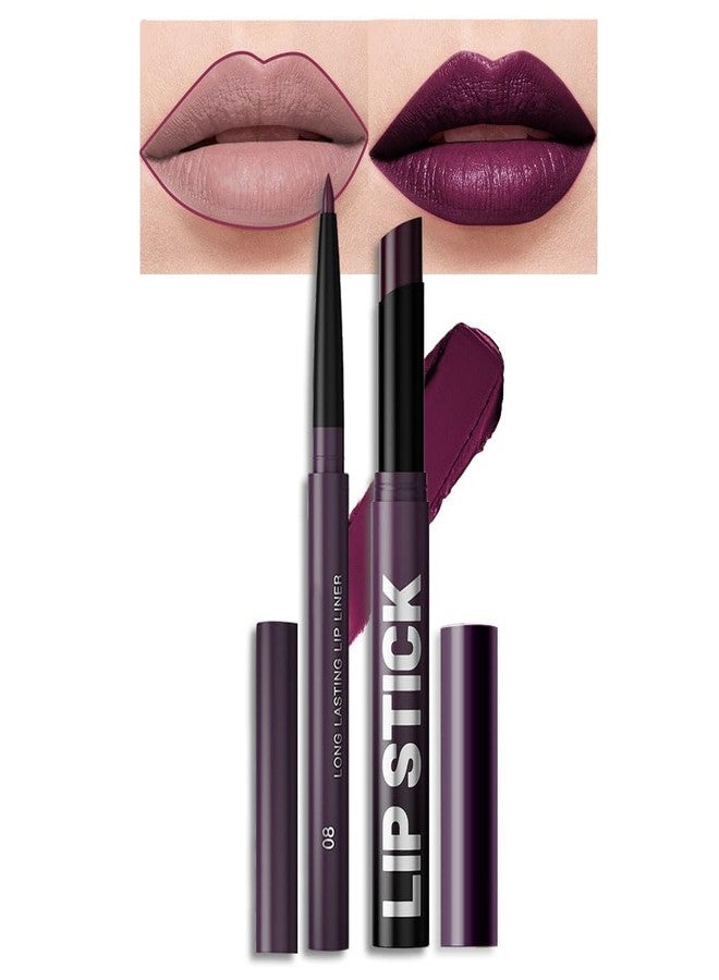 AMY'S DIARY 2Pcs Deep Purple Lipstick and Lip Liner Combo, Lip Liner and Lip Stick Kit for Women, Matte Lip Pencil and Smooth Hydrating Lipstick, Non-Stick Lip Makeup Set (08#Deep Plum Purple) - Image 1
